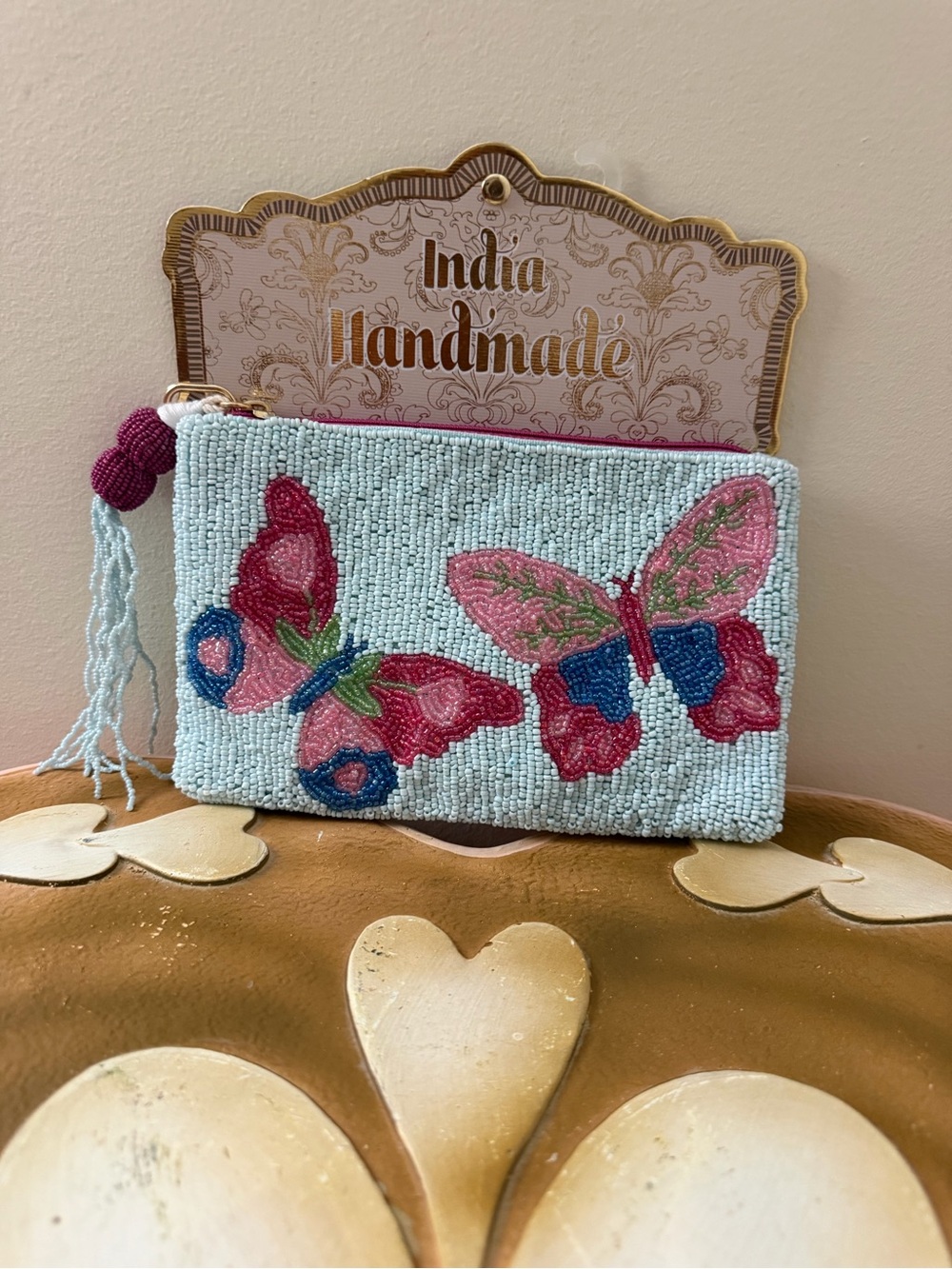India Handmade Beaded Travel Pouch Coin Purse with Butterflies
